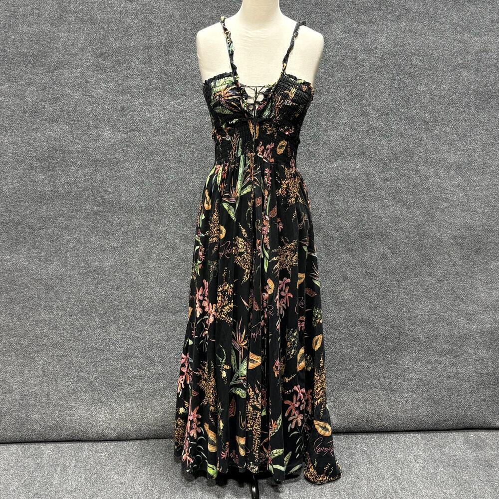 Charo Ruiz Dress Womens L Fresca Black Ibiza Coa Floral Smocked Maxi Sundress